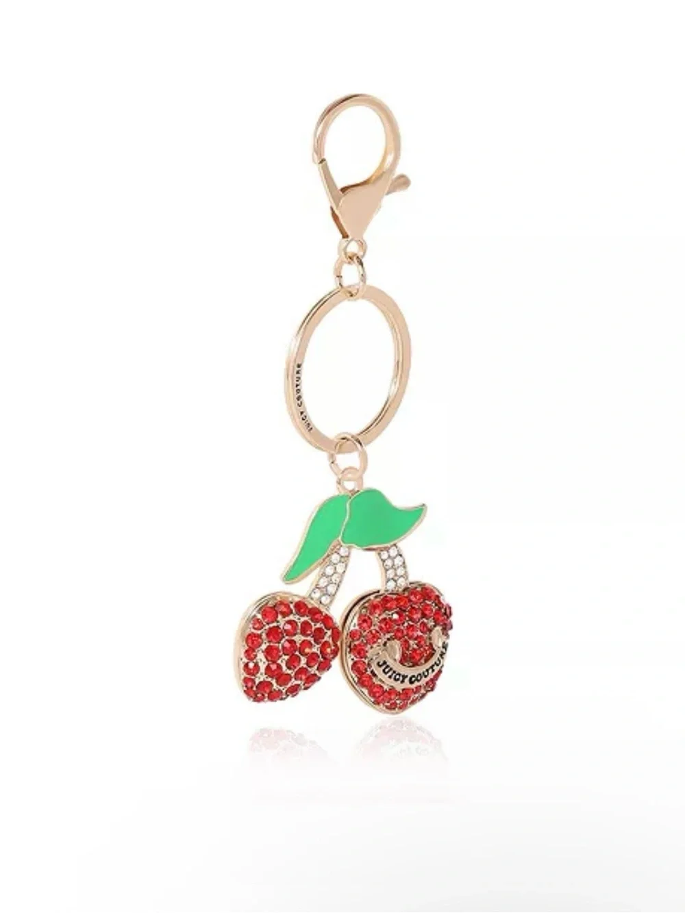 Juicy Couture Red Crystal Cherry Bag Charm Key Ring with Green Enamel Leaves